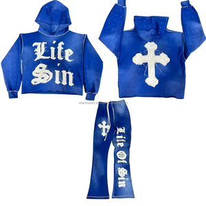 2024 nouvelle mode Streetwear Hip Hop 100% coton en détresse brodé Patch lavage à l'acide sweat à capuche survêtement - Product Image 4