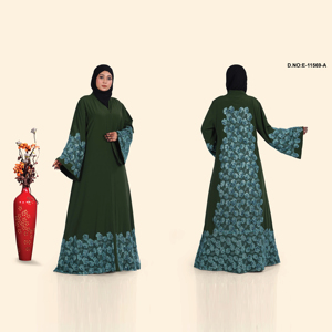 Shrug en tissu Nida à devant ouvert avec broderie florale sur le dos et manches évasées pour femmes vêtements modestes - Product Image 1