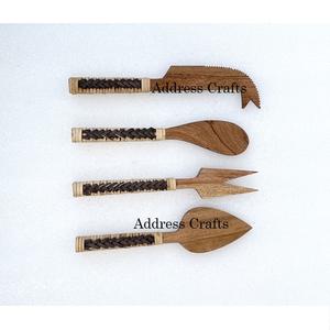 Cubiertos de Acacia, juego de cuchillos para queso, mango de bambú, último diseño, cubiertos de madera, cuchillo, tenedor, esparcidor, herramientas para queso de ratán tejidas a mano - Product Image 1