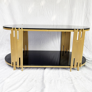 Contemporary Two-Tiered <b>Sofa</b> <b>Table</b> <b>Black</b> Glass Top Gold Painted Frame 100x50x45cm Durable Metal Living Room Furniture-TT68178 - Product Image 5