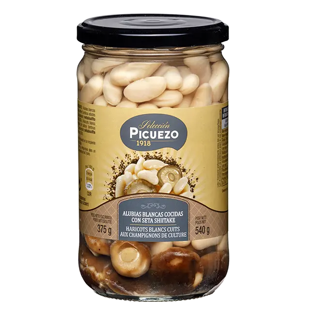 Top Spanish Quality Gourmet Preserves Cooked White Butter Beans with Shiitake Mushrooms in jar 540g for Supermarket and Retail