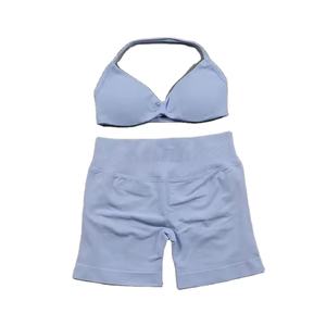 Ensemble de yoga pour femme, soutien-gorge de sport et short de couleur unie, taille haute, longueur cheville, léger, en Spandex/Nylon 220g, vente en gros 2026 - Product Image 1