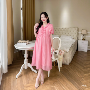 High Quality Summer Maternity Preppy Knee-Length Dress Anti-Shrink Soft Comfortable Fabric with Good Absorbency-Vietnam V814 - Product Image 5
