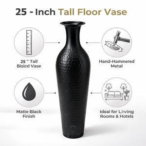 Modern <b>Tall</b> Black Hammered Metal <b>Floor</b> <b>Vase</b> | Decorative Aluminum Iron <b>Vase</b> for Living Room, Entryway & Contemporary Home Decor - Product Image 2