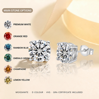 Boucles d'oreilles clous en moissanite taille ronde et zircon, couleur D, VVS, en argent sterling S925 plaqué or 18 carats et plaqué platine