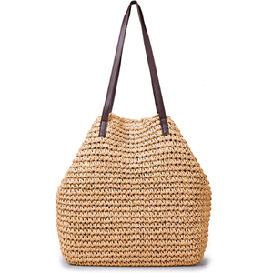 Sac fourre-tout en paille pour femmes grande capacité Shopping fourre-tout bohème sac à bandoulière voyage sac de plage avec doublure OEM - Product Image 1