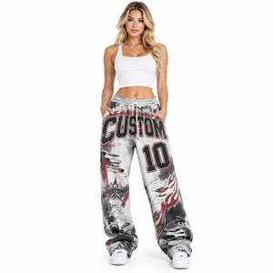 Pantalones Anchos con Estampado Personalizado, Cintura Elástica Acanalada, Estilo Denim Desgarrado, Ropa Casual Urbana para Mujer - Product Image 1