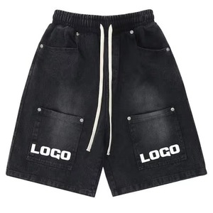 Shorts pour hommes innovants avec logo personnalisé, lavés à l'acide, 100% coton, denim lourd, taille mi-haute, fermeture éclair, bouton, coupe ample, décontracté - Product Image 1