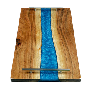 Acacia Solid <b>Wood</b> Epoxy Resin Tray With <b>White</b> River Premium Resin <b>And</b> <b>Wood</b> Serving Platter Brass Handle - Product Image 3