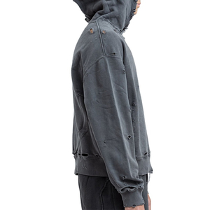 Sudadera con capucha desgastada de peso pesado para hombre, algodón grueso negro, logotipo bordado personalizado, serigrafía, felpa francesa para la temporada de invierno - Product Image 4