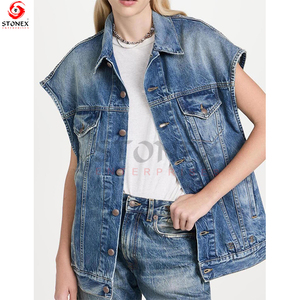 Personalizar de gran tamaño Trucker Denim Chaleco Washed Jeans Chaleco Venta al por mayor Chaleco de mezclilla Chaquetas para las mujeres - Product Image 2