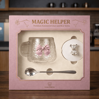 Ensemble de tasses à café en verre modernes et mignonnes avec couvercle, cuillère, design nœud papillon, grande capacité, boîte cadeau pour la maison et le bureau, cadeau de la Saint-Valentin