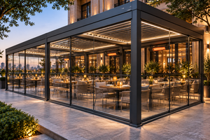 Modern Outdoor Aluminum <b>Pergola</b> with Tempered Glass <b>Retractable</b> Roof for Restaurant Cafe Wind Breaker - Product Image 4