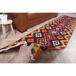 Turkish 2.2x10.3 ft Eco-Friendly Vintage <b>Runner</b> Rug <b>Red</b> Orange Patchwork Wool with Latex Backing - Product Image 3