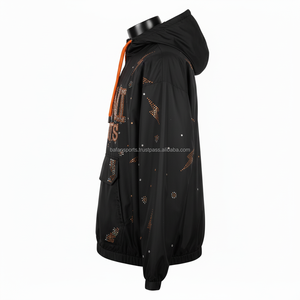 Chaqueta cortavientos de microfibra de lujo, chaqueta cortavientos deportiva personalizable con adornos de diamantes de imitación negros y naranjas para hombre - Product Image 5