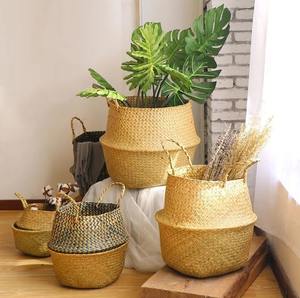 Cesta de almacenamiento de algas marinas naturales tejidas a mano con asas Cesta de paja vintage Cesta de vientre para regalo de plantas Decoración del hogar - Product Image 3