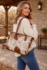 Bolso Tote de Cuero Genuino con Pelo de Vaca para Mujer, Bolso de Hombro de Color Sólido con Cierre de Cremallera, Estilo Vintage, para Uso Diario y Viajes, con Bordado - Product Image 3