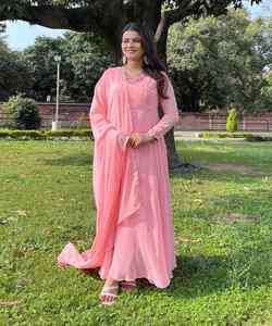 LOOK RICH GEORGETTE TRAVAIL MANUEL ANARKALI ROBE BAS AVEC DUPATTA FORMAL WEAR PRIX DE GROS VÊTEMENT ETHNIQUE - Product Image 1