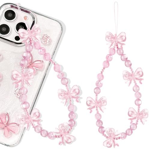 Wincredulous Cute Phone Charms Lanyard Wrist Strap with Beaded String for Earphone Case (Bow Pink 1PC)