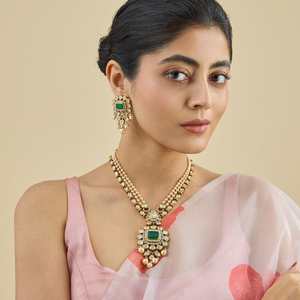 Kundan <b>Necklace</b> 174043 with Diamond Flower Shape Long Haaram Bezel Setting for Women's Wedding Occasions - Product Image 1