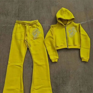 Conjunto Deportivo Unisex de Invierno, Sudadera con Capucha y Cremallera, Pantalones Deportivos Acampanados, Bordado 3D, Estampado Sólido, Diseño Personalizado - Product Image 1