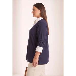 Chemise à col garni grande taille bleu marine - Product Image 3
