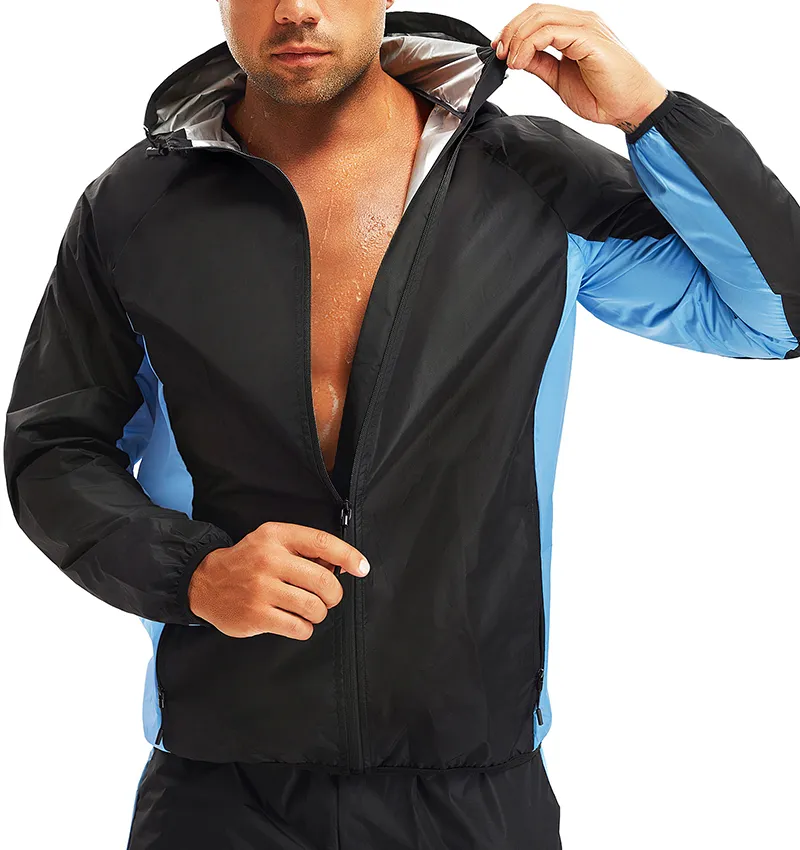 男性用フードスウェットサウナスーツ付きジムワークアウトジャケットスポーツフィットネスエクササイズトップスウエストトレーナーボディシェイパー