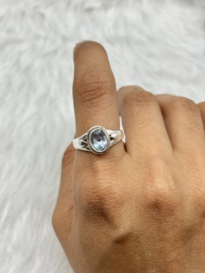 Bague en argent bohème faite à la main avec aigue-marine naturelle pierre ovale diamant bague de mariage pour elle - Product Image 3