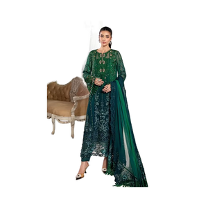 Pedido al por Mayor de Shalwar Kameez de Novia para Mujer, Vestido Étnico con Encaje Bordado de Poliéster, Largo hasta la Rodilla, Estampado, para Fiestas - Product Image 1