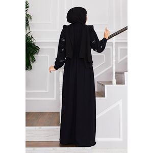Robe de soirée modeste Hijab avec nœud sur le côté et design de pierre sur le devant noir - Product Image 2