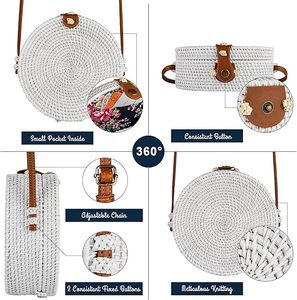 Bolso Bandolera Redondo de Ratán Hecho a Mano con Correa de Cuero, Bolso de Mano de Mimbre Ecológico para Mujer - Product Image 3