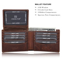 Dompet Pendek Lipat Dua Kulit Sapi Crazy Horse Buatan Tangan untuk Pria, Kulit Asli Desain Sederhana, Jendela ID Transparan, Lapisan Satin, RFID CROSS FAB