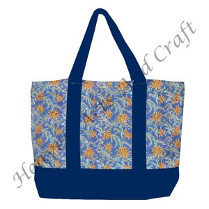 Sac fourre-tout en tissu imprimé à la main avec poignée bleue, provenant d'Inde, motif floral multi-main avec deux bretelles, vente en gros BHCB051 - Product Image 3