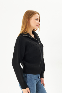 Manteau court décontracté pour femmes tricot à glissière en acier tricot manteau quotidien confortable avec col à capuche haut élégant confort assaisonné - Product Image 4