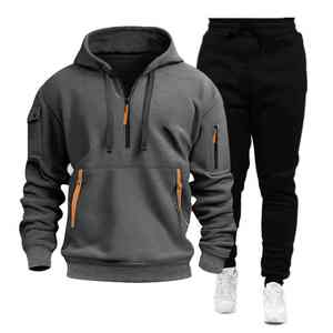 Conjunto de sudadera con capucha y pantalones deportivos de algodón 2025 para hombre personalizado 100%, diseño de cremallera multibolsillo para deportes transfronterizos - Product Image 1