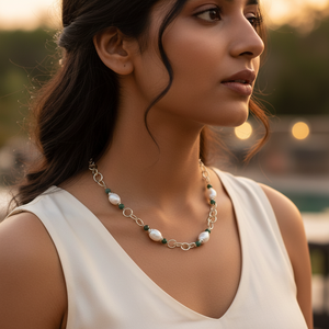 "Glamorous Link Chain <b>Necklace</b> with White & Green Stone for Women-Trendy & <b>Vintage</b> Bohemia" - Product Image 1