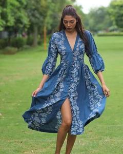 Robe d'été courte de style vintage indien pour femmes bloc de main imprimé fleuri coton respirant durable doux Logo à la mode - Product Image 1