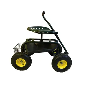 Garden Steel Planting Cart Rolling Scooter Seat Cart With Tool Tray