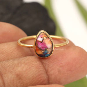 Bague en pierre précieuse turquoise cuivre Dahlia orange 7x10mm en forme de poire en argent sterling 925 plaqué or éternité vermeil bijoux bohème - Product Image 6