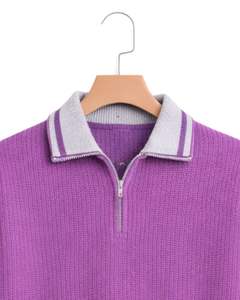 Manufacturer Mens Quarter Zip Knit Sweater <b>Purple</b> Solid Textured Knit Contrast Rib Hem Warm Winter Casual Pullover OEM Custom - Product Image 5