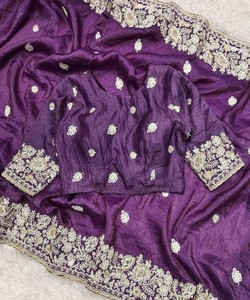 LOOK RICHE OR BRODERIE ET SEQUENCE TRAVAIL SAREE AVEC BLOUSE NON COUCHÉE VÊTEMENT DE FÊTE PRIX DE GROS VÊTEMENT ETHNIQUE VIOLET - Product Image 5