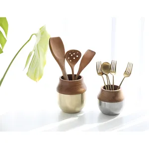 Stainless steel Kitchen Counter-top Utensil Holder Set spoons and fork stand holder kitchen tools with metal and wood