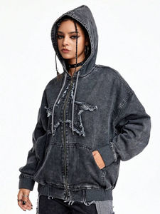 Custom High Quality Acid Washed Oversized Distressed Sweatshirt 500gsm Hoodie Hooded Zip up <b>Denim</b> Pullover <b>Jacket</b> - Product Image 5