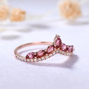 Anillo DE BODA clásico con diamantes naturales curvos de oro sólido de 14kt para mujer, turmalina rosa y anillo de diamantes reales - Product Image 2
