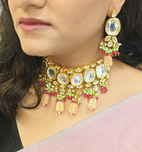 Bijoux en gros Kundan tour de cou pêche fausse perle perlée boucle d'oreille pour les femmes - Product Image 2