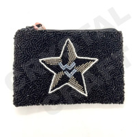 Dompet koin katun sulam tangan dengan desain mata jahat kristal, manik-manik biji, dan logo khusus