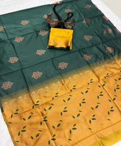 DISEÑADOR LICHI SEDA ORGÁNICA BANARASI SAREE CON BLUSA SIN COSTAR FESTIVAL WEAR PRECIO AL POR MAYOR ROPA ÉTNICA SAREE AMARILLO - Product Image 6