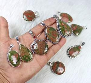 สร้อยคออัญมณี unakite ธรรมชาติจี้สไตล์โบฮีเมียนสร้อยคอดีไซน์เนอร์กับการตั้งค่าหนามเตย - Product Image 2