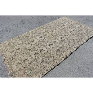 Tapis en Laine Marron Beige Vintage 4x8.6ft Fait à la Main Classique Style Turc Patchwork Design Rectangulaire Couloir Modèle pour Chevet Latex - Product Image 4