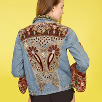 Veste en jean brodée Banjara pour femme, 100% coton, écologique, automne, grande taille, coupe-vent, bleu ciel, un seul bouton, perles, KAMARVY